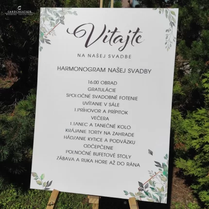 Svadobná uvítacia tabuľa v štýle svadobného harmonogramu 19773W